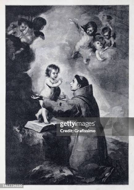 ilustraciones, imágenes clip art, dibujos animados e iconos de stock de san antonio de padua con la ilustración del niño jesús 1899 - religious illustration