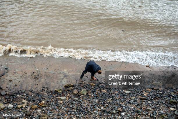 woman mudlarking on the thames foreshore - treasure hunt stock pictures, royalty-free photos & images