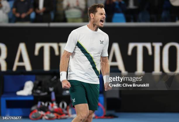 Andy Murray of Great Britain celebrates to the crowd after his five set victory in their round two singles match against Thanasi Kokkinakis of...
