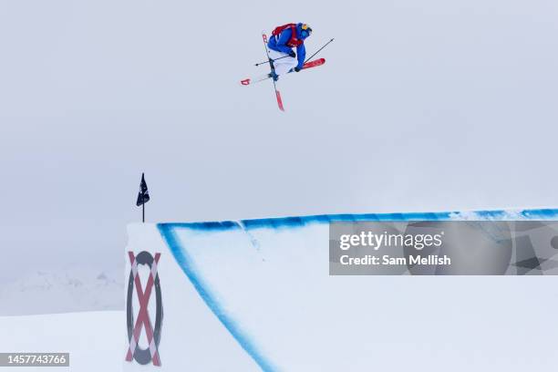 Jesper Tjader of Switzerland competes during the Men's Freeski Slopestyle Qualifications of the FIS Freeski World Cup 2023 'Laax Open' on the 19th...