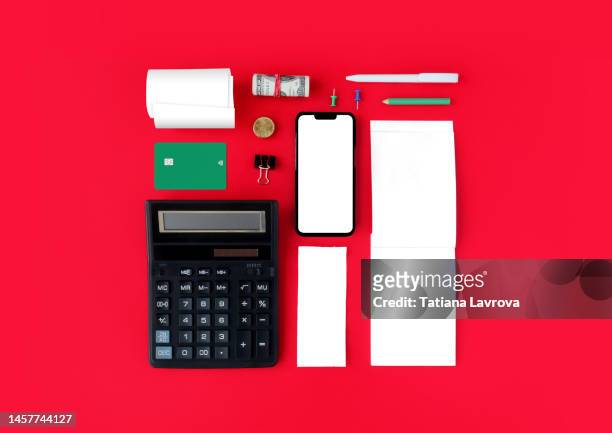 cost of living. сoins, payment receipts, credit cards, calculator and stationery flat lay composition with copy space. world crisis, inflation, rising of prices concept - cheque en blanco fotografías e imágenes de stock