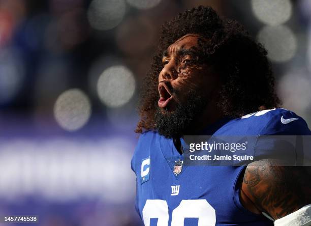 Defensive end Leonard Williams of the New York Giants warms up prior to the game against the Detroit Lions during the game at MetLife Stadium on...