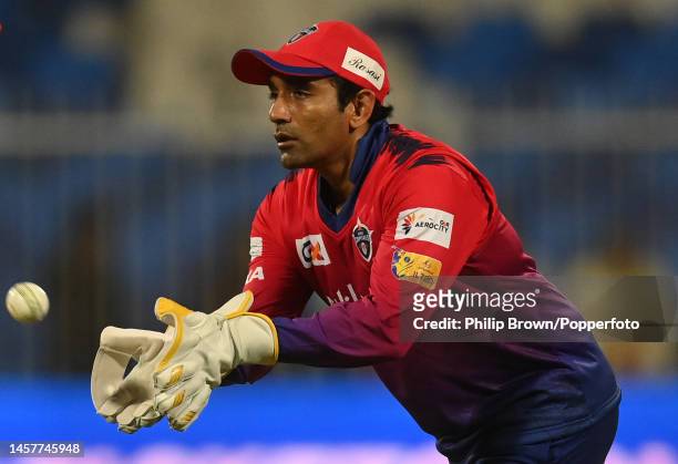 Robin Uthappa of Dubai Capitals catches the ball during the DP World ILT20 match between Gulf Giants and Dubai Capitals at Sharjah Cricket Stadium on...