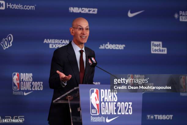 Adam Silver, Commissioner of the NBA speaks prior to the NBA match between Chicago Bulls v Detroit Pistons at The Accor Arena on January 19, 2023 in...