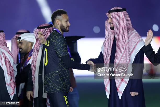 Neymar of Paris Saint-Germain collects their winners medal following the Winter Tour 2023 friendly between Paris Saint-Germain and Riyadh XI at King...