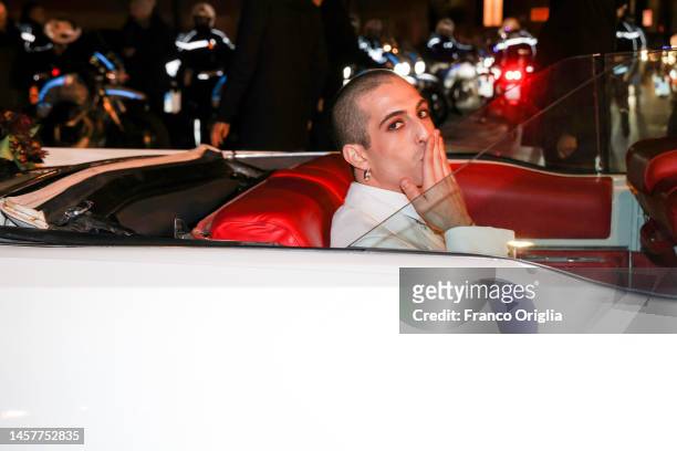 Damiano David of Maneskin arrives at Palazzo Brancaccio on a vintage car for the Maneskin "Rush!" presentation on January 19, 2023 in Rome, Italy.