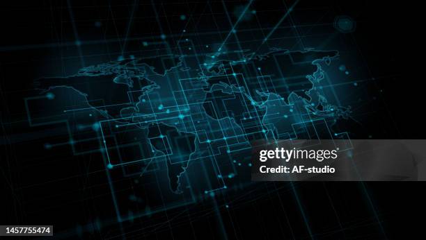 abstract blockchain technology network background - futuristic world map stock illustrations