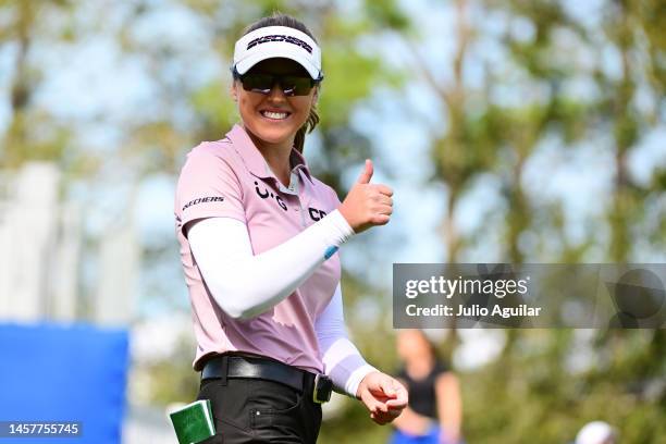 Brooke Henderson of Canada reacts after playing her shot off the 10th tee during the first round of the Hilton Grand Vacations Tournament of...