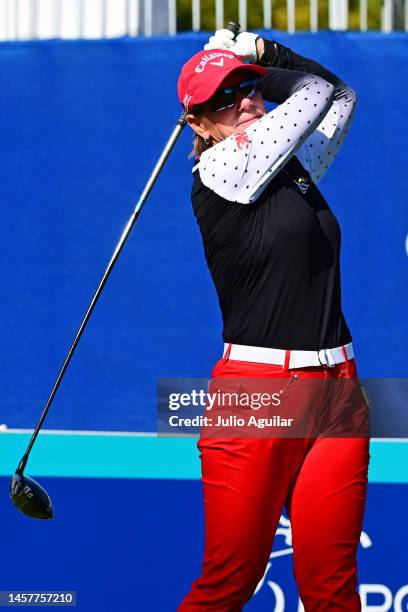 Annika Sörenstam of Sweden plays her shot from the tenth tee during the first round of the Hilton Grand Vacations Tournament of Champions at Lake...