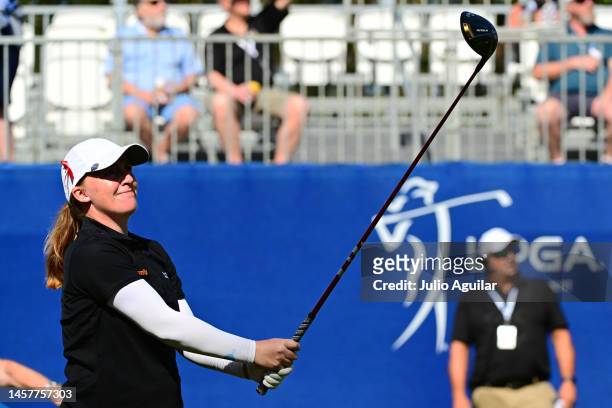Gemma Dryburgh of Scotland plays her shot from the tenth tee during the first round of the Hilton Grand Vacations Tournament of Champions at Lake...