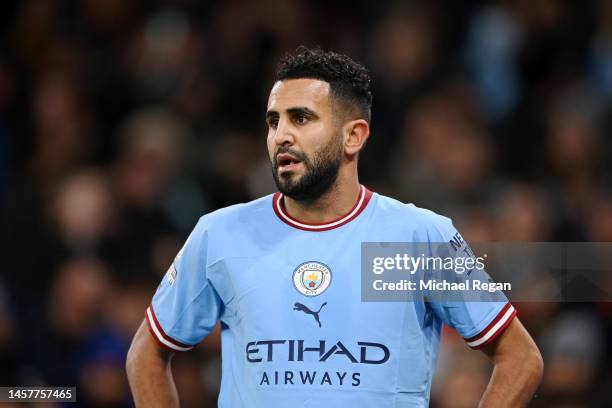 Riyad Mahrez of Manchester City looks on during the Premier League match between Manchester City and Tottenham Hotspur at Etihad Stadium on January...