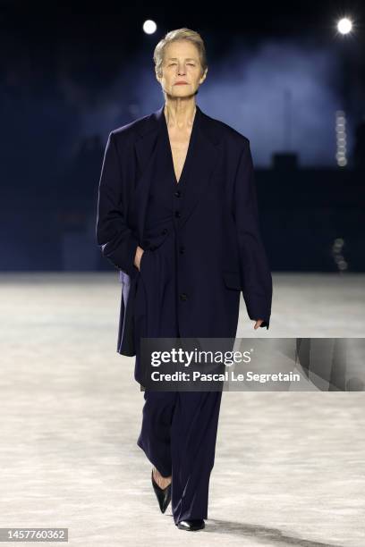 Charlotte Rampling walks the runway during the AMI - Alexandre Mattiussi Menswear Fall-Winter 2023-2024 show as part of Paris Fashion Week on January...