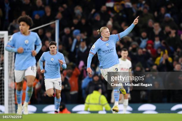 Erling Haaland of Manchester City celebrates after scoring their sides second goal during the Premier League match between Manchester City and...