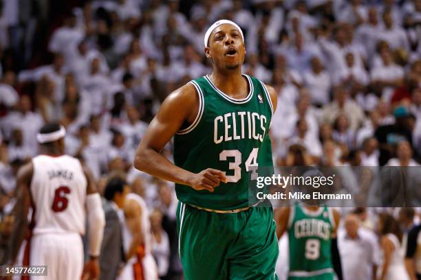 Paul Pierce of the Boston Celtics reacts after he made a 3-point basket in the final minute of the fourt quarter to give the Celtics a 90-86 lead...