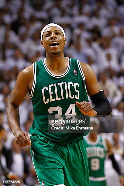 Paul Pierce of the Boston Celtics reacts after he made a 3-point basket in the final minute of the fourt quarter to give the Celtics a 90-86 lead...
