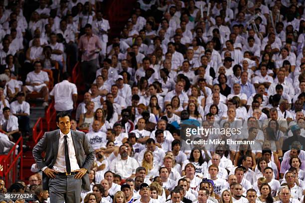 Head coach Erik Spoelstra of the Miami Heat looks on in the fourth quarter against the Boston Celtics in Game Five of the Eastern Conference Finals...