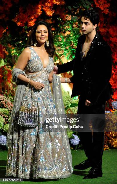 Gauri Khan and Aryan Khan attend the Anant Ambani and Radhika Merchant's engagement ceremony on January 19, 2023 in Mumbai, India