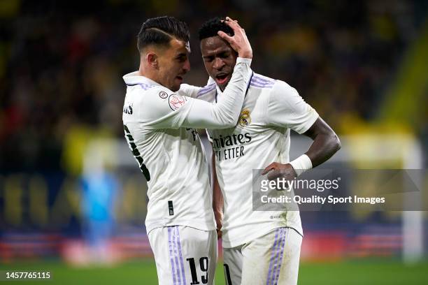 Vinicius Junior of Real Madrid and Daniel Ceballos of Real Madrid celebrate after the second goal of his team scored by Eder Militao of Real Madrid...
