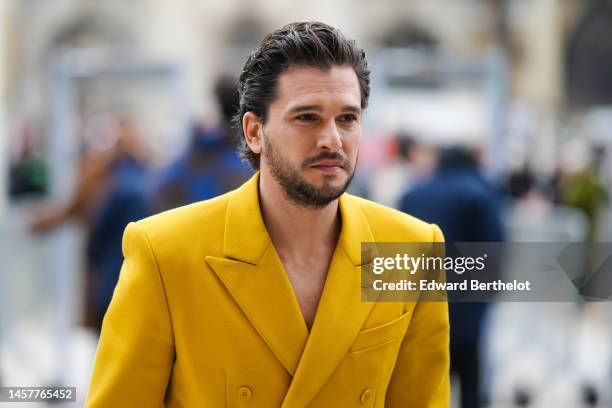 Kit Harington is seen, outside Louis Vuitton, during the Paris Fashion Week - Menswear Fall Winter 2023 2024 : Day Three on January 19, 2023 in...