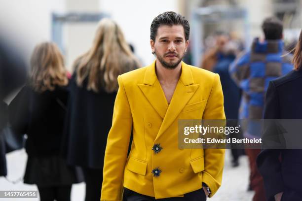 Kit Harington is seen, outside Louis Vuitton, during the Paris Fashion Week - Menswear Fall Winter 2023 2024 : Day Three on January 19, 2023 in...