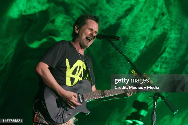 Matt Bellamy of Muse band performing, during a concert at Banorte Stadium on January 18, 2023 in Monterrey, Mexico.