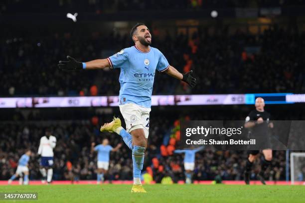 Riyad Mahrez of Manchester City celebrates after scoring their sides fourth goal during the Premier League match between Manchester City and...