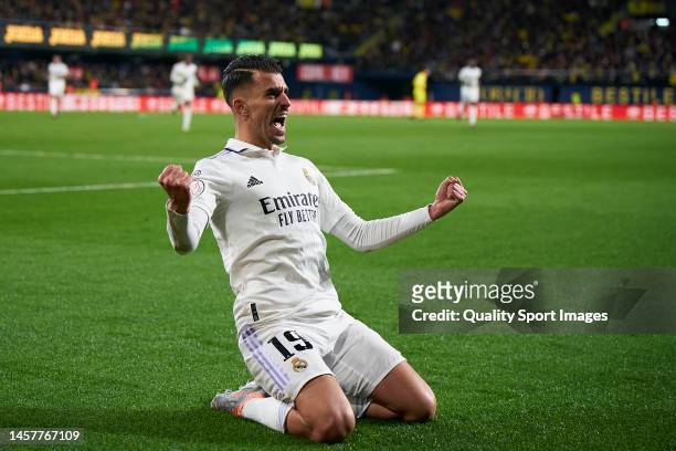 Daniel Ceballos of Real Madrid celebrates after scoring their side's third goal during the Copa del Rey Round of 16 match between Villarreal CF and...