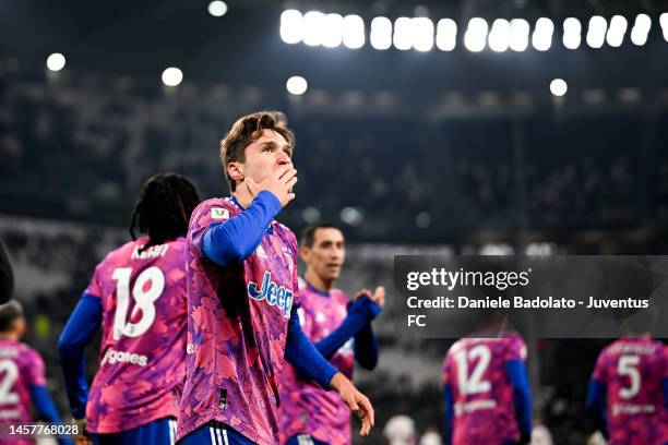 Federico Chiesa of Juventus celebrates after scoring his team's second goal during the Coppa Italia match between Juventus FC and AC Monza at Allianz...