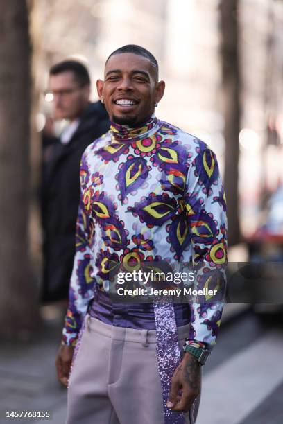 Joe Haden seen wearing a paisley printed long shirt and matching purple pants before the Bluemarble show during Paris Fashion Week Menswear...