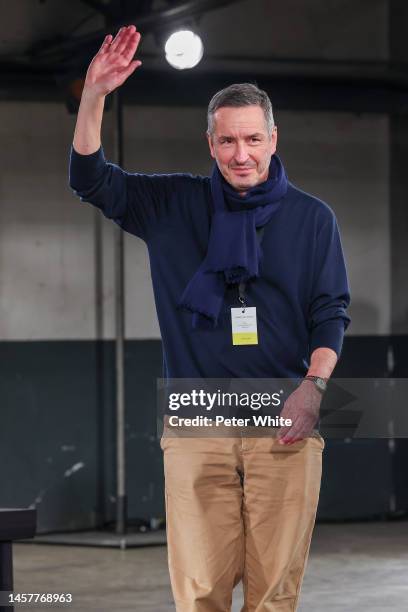 Dries van Noten walks the runway during the Dries Van Noten Menswear Fall-Winter 2023-2024 show as part of Paris Fashion Week on January 19, 2023 in...