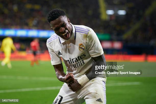 Vinicius Junior of Real Madrid celebrates after the third goal of his team scored by Daniel Ceballos of Real Madrid during the Copa del Rey Round of...