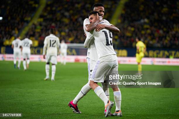 Daniel Ceballos of Real Madrid celebrates after scoring their side's third goal with his teammate Eder Militao of Real Madrid during the Copa del Rey...