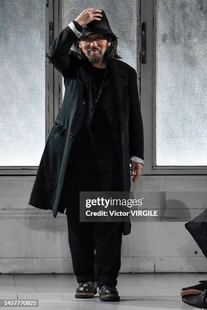 Fashion designer Yohji Yamamoto walks the runway during the Yohji Yamamoto Ready to Wear Fall/Winter 2023-2024 fashion show as part of the Paris Men...