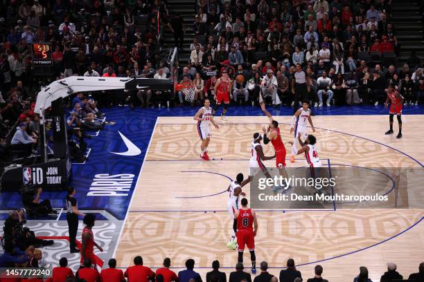 General view of play as Nikola Vucevic of the Chicago Bulls shoots during the third quarter of the NBA match between Chicago Bulls and Detroit...