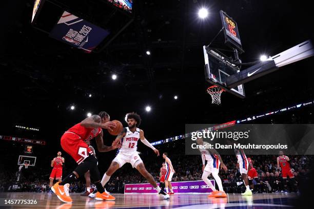 General view of play during the fourth quarter of the NBA match between Chicago Bulls and Detroit Pistons at The Accor Arena on January 19, 2023 in...