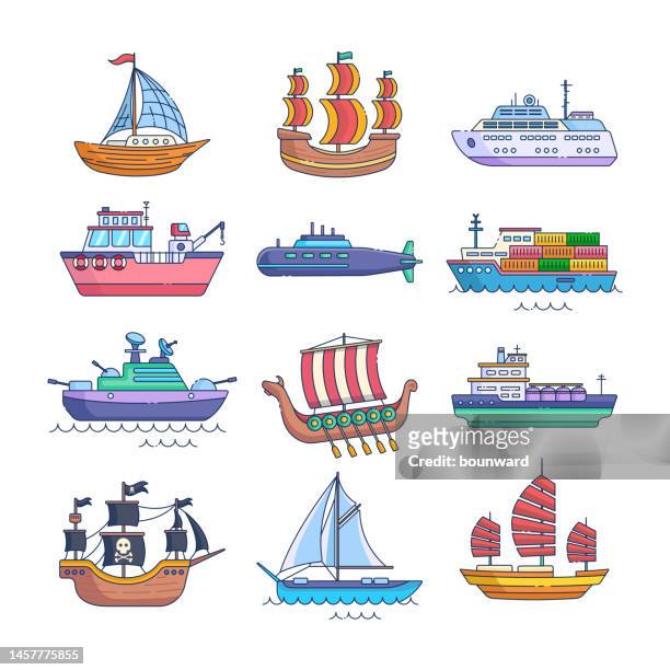 ilustraciones, imágenes clip art, dibujos animados e iconos de stock de conjunto de barcos de dibujos animados. - carabelas