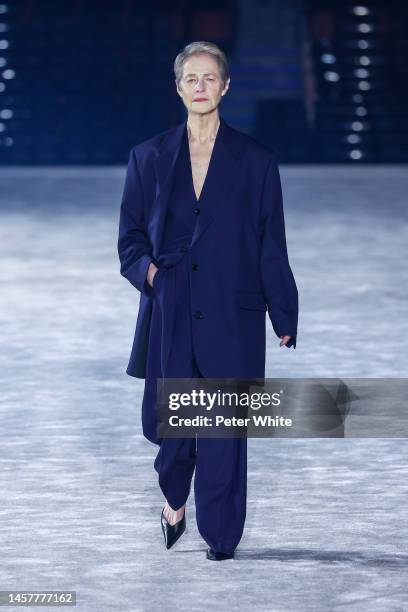 Charlotte Rampling walks the runway during the AMI - Alexandre Mattiussi Menswear Fall-Winter 2023-2024 show as part of Paris Fashion Week on January...