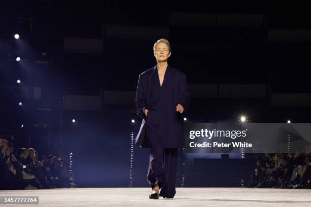 Charlotte Rampling walks the runway during the AMI - Alexandre Mattiussi Menswear Fall-Winter 2023-2024 show as part of Paris Fashion Week on January...