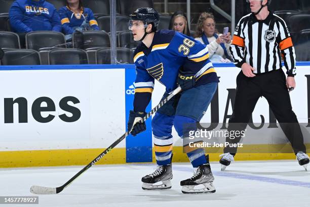 Steven Santini of the St. Louis Blues look on against the Calgary Flames at the Enterprise Center on January 12, 2023 in St. Louis, Missouri.