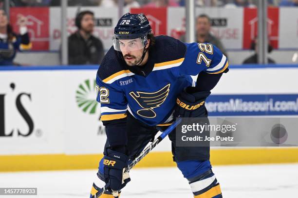 Justin Faulk of the St. Louis Blues looks on against the Calgary Flames at the Enterprise Center on January 12, 2023 in St. Louis, Missouri.