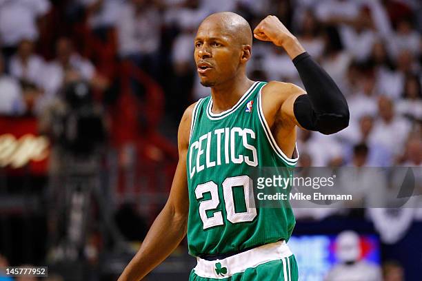 Ray Allen of the Boston Celtics reacts in the fourth quarter against the Miami Heat in Game Five of the Eastern Conference Finals in the 2012 NBA...