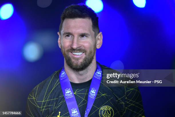 Leo Messi of Paris Saint-Germain looks on during the trophy ceremony after the friendly match between Paris Saint-Germain and Riyadh XI at King Fahd...