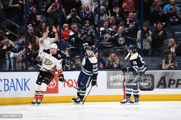 Mathieu Olivier of the Columbus Blue Jackets celebrates his goal during the first period against the Anaheim Ducks at Nationwide Arena on January 19,...