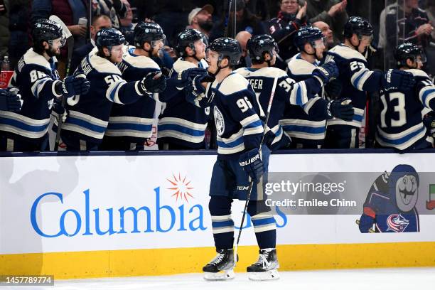 Jack Roslovic of the Columbus Blue Jackets celebrates his goal during the first period against the Anaheim Ducks at Nationwide Arena on January 19,...