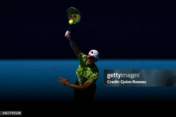 Marton Fucsovics of Hungary serves during the third round singles match against Jannik Sinner of Italy during day five of the 2023 Australian Open at...