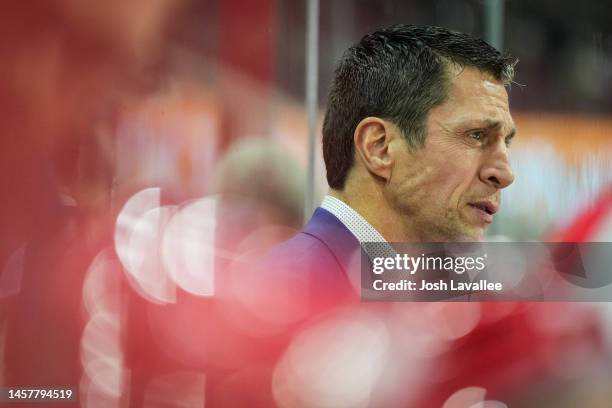 Head coach Rod Brind'Amour of the Carolina Hurricanes is seen on the bench during the second period against the Minnesota Wild at PNC Arena on...