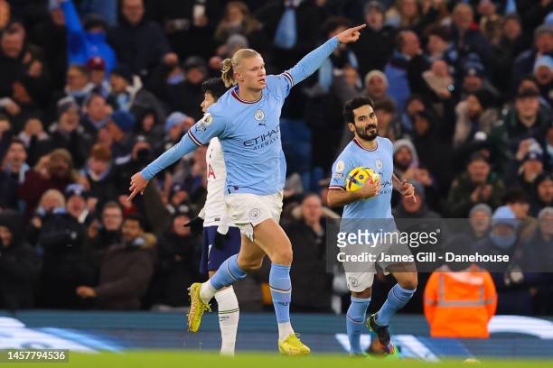 Erling Haaland of Manchester City celebrates after scoring his side's second goal during the Premier League match between Manchester City and...