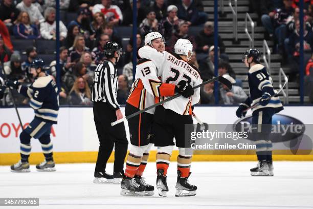 Simon Benoit of the Anaheim Ducks celebrates his goal with Kevin Shattenkirk during the second period against the Columbus Blue Jackets at Nationwide...