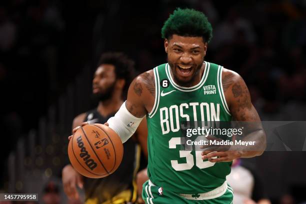 Marcus Smart of the Boston Celtics reacts during the first half against the Golden State Warriors at TD Garden on January 19, 2023 in Boston,...