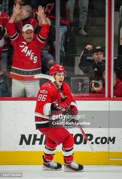 Teuvo Teravainen of the Carolina Hurricanes celebrates after scoring a goal during the second period against the Minnesota Wild at PNC Arena on...